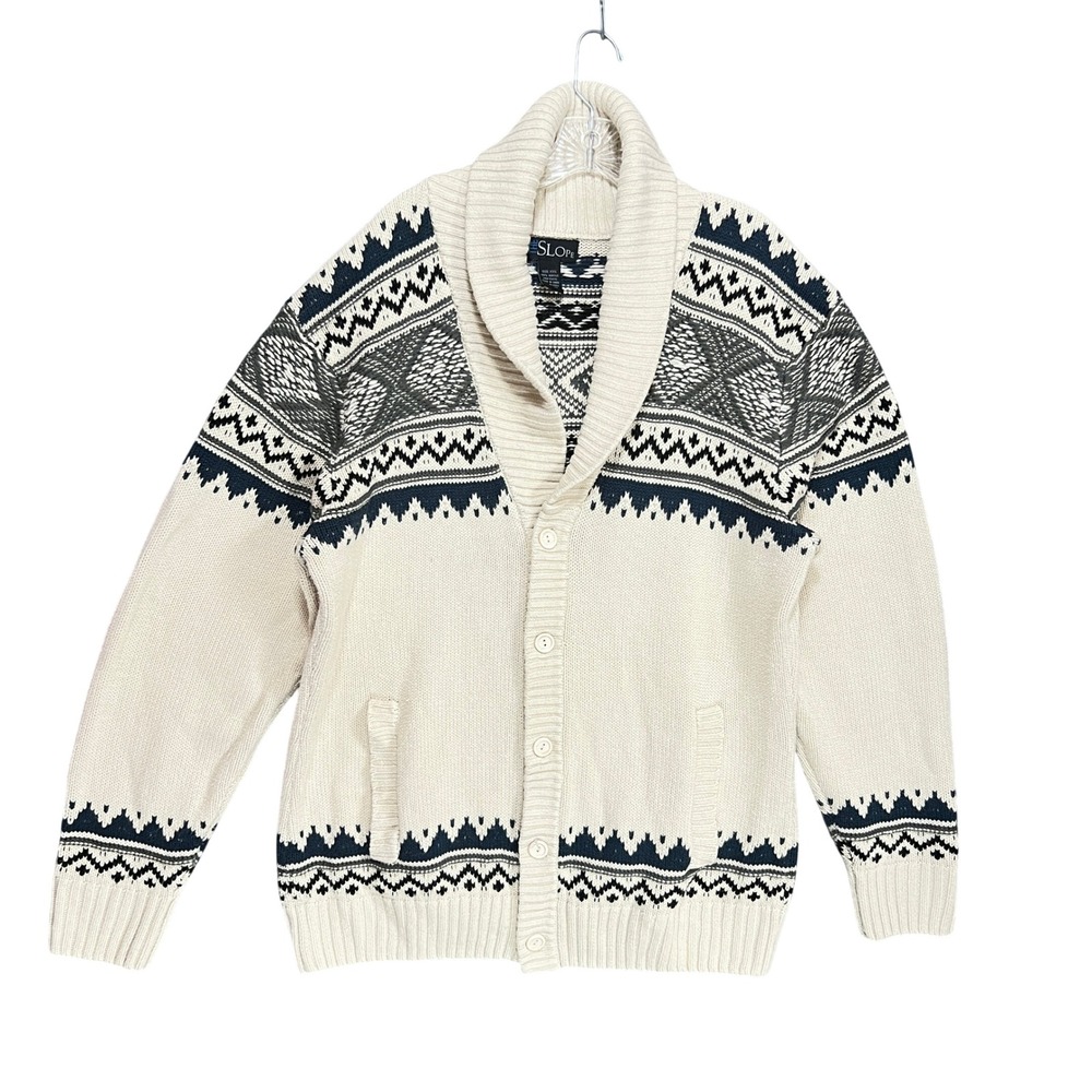 The Slope Mens Cardigan Sweater XXL Shawl Collar Fair Isle Knit Navy Cabin Ski